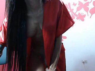 Skinny busty babe pulling her huge cock on webcam