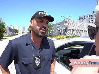 Big booty trans babe getting frisked and then bareback fucked by police officer