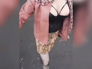 Sissy walks around town in leopard mini skirt